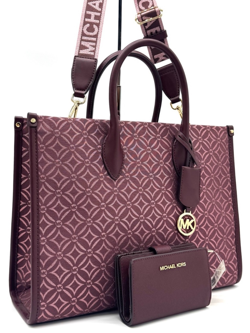 Michael Kors Medium Mirella Tote Bag & Matching Bifold Zip Chain Wallet Ox Blood